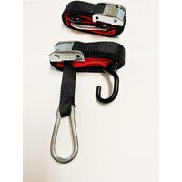 TIE DOWN 25MM CAM BUCKLE SOFT HOOK WITH CARIBINER & S HOOK BLACK/RED