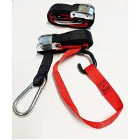 TIE DOWN 25MM CAM BUCKLE SOFT HOOK WITH CARIBINER & S HOOK BLACK/RED